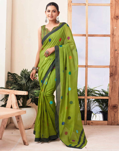 Sudathi Ready To Wear Green Printed Chanderi Saree
